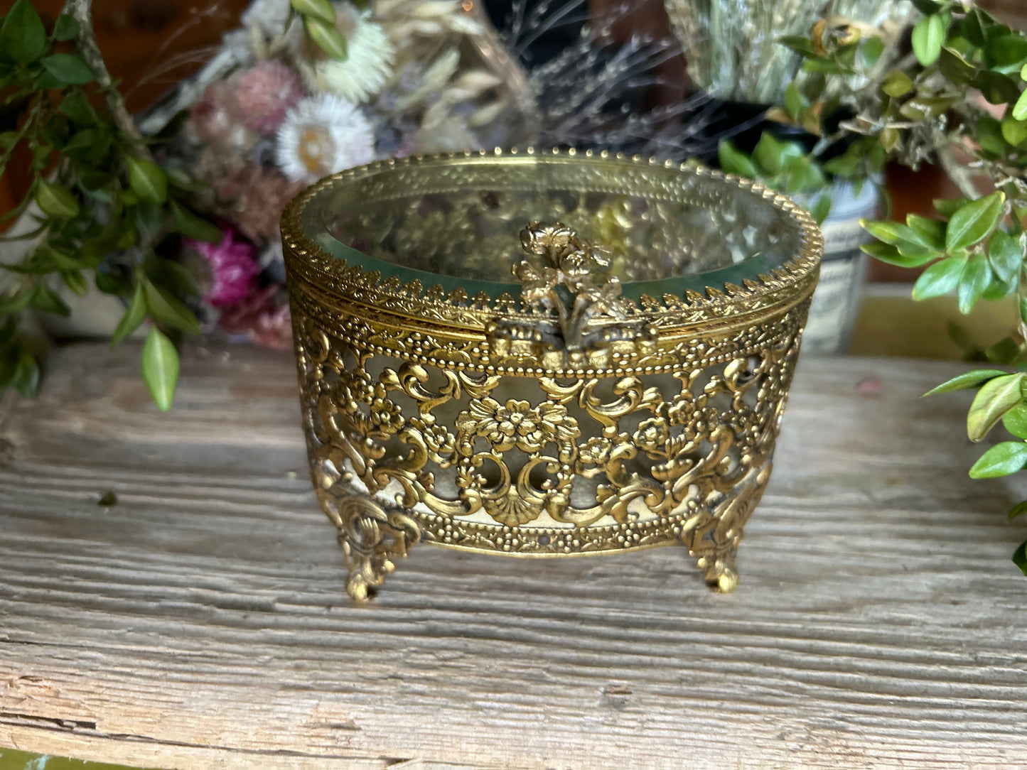 Vintage Rose Ormolu Beveled Glass Filigree Jewelry Box