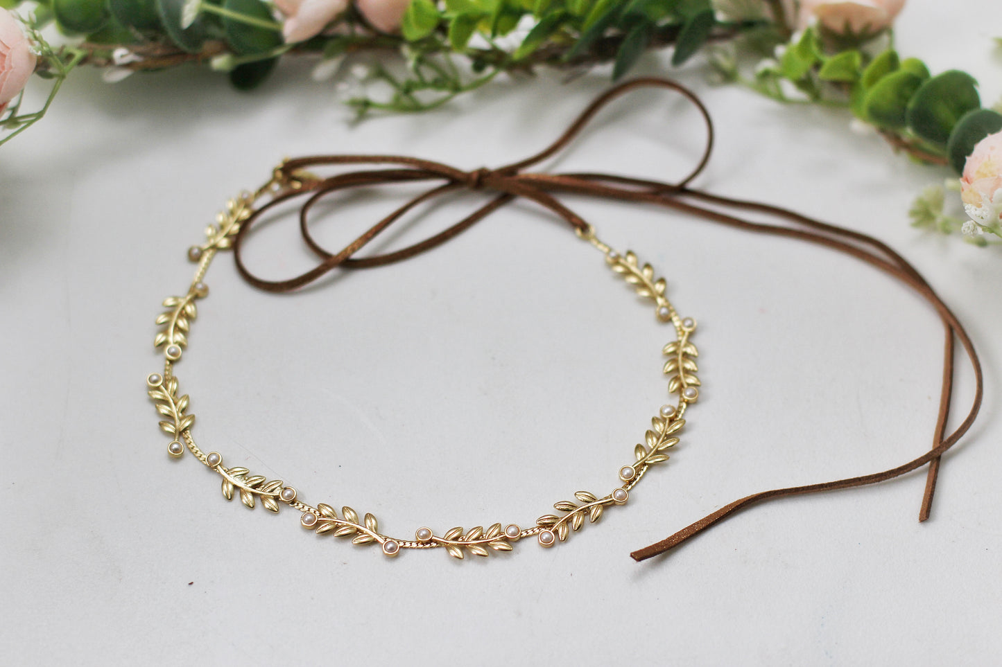 Stems Leaves & Pearls Wreath / Hair Chain
