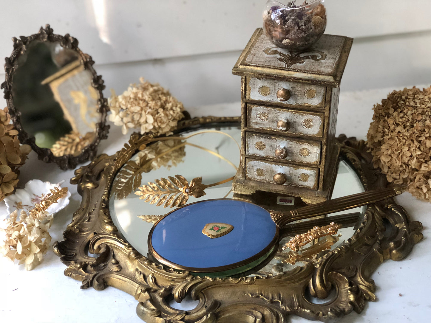 Rounded Bronze Gilt Victorian Antique Mirror Tray