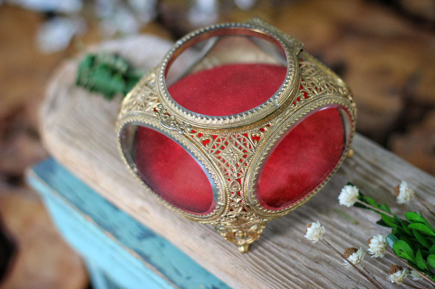 Antique Red Velvet Filigree Glass Jewelry Box