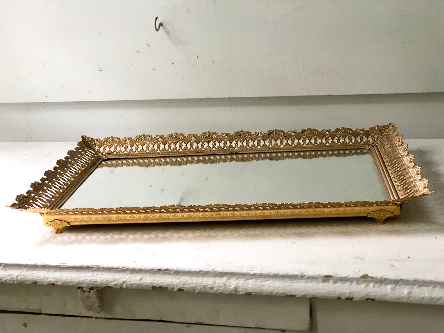 Antique Rectangle Lace Mirror Tray