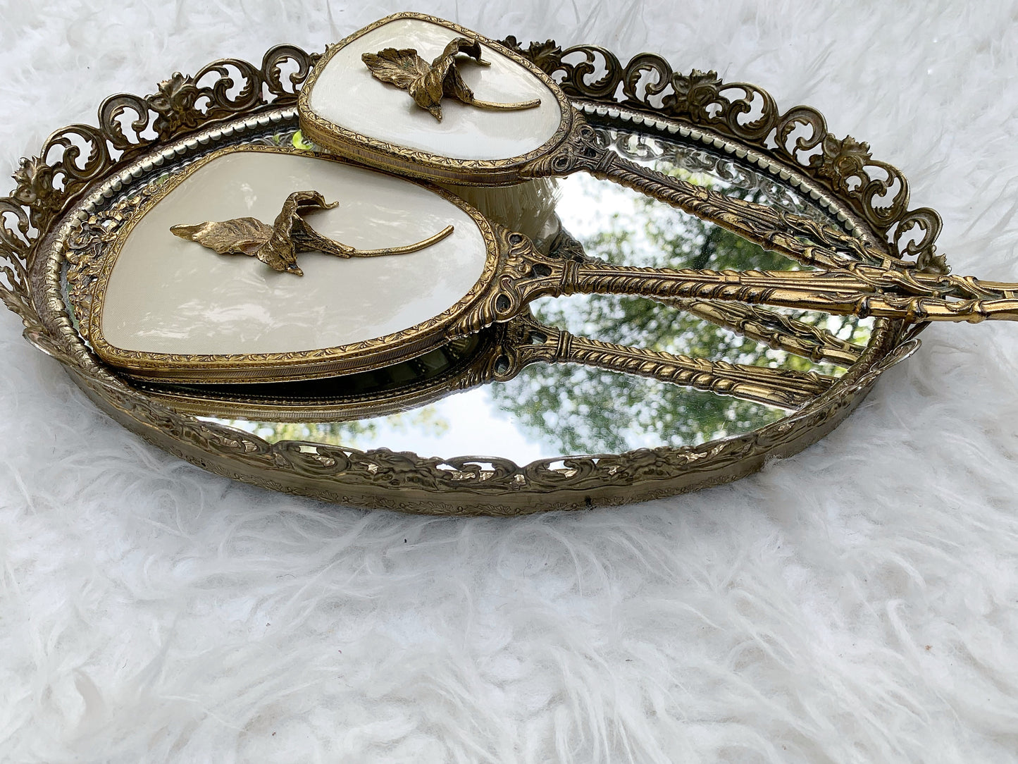 Antique Oval Filigree Lace Mirror Tray