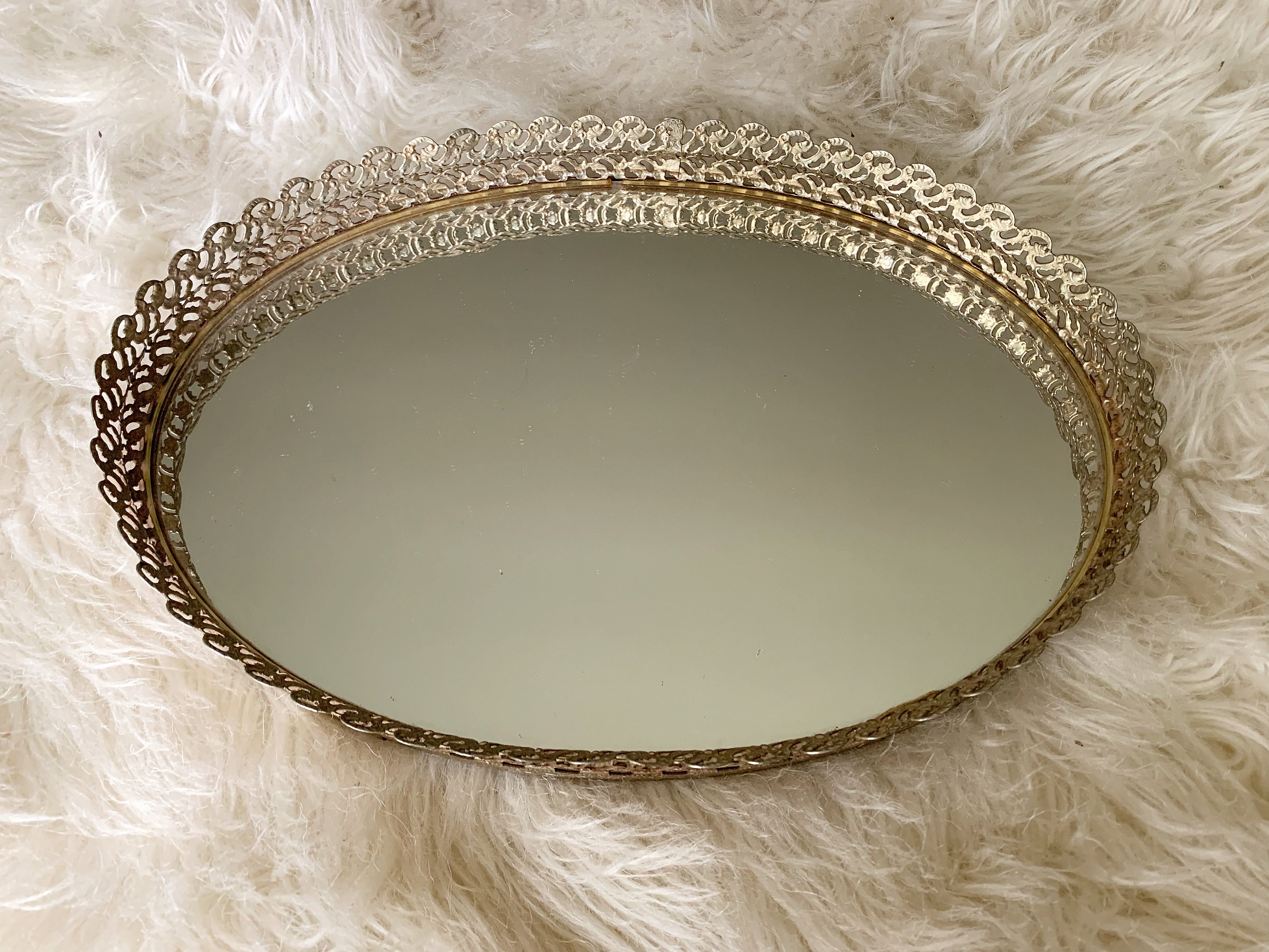 Antique Oval Filigree Mirror Tray