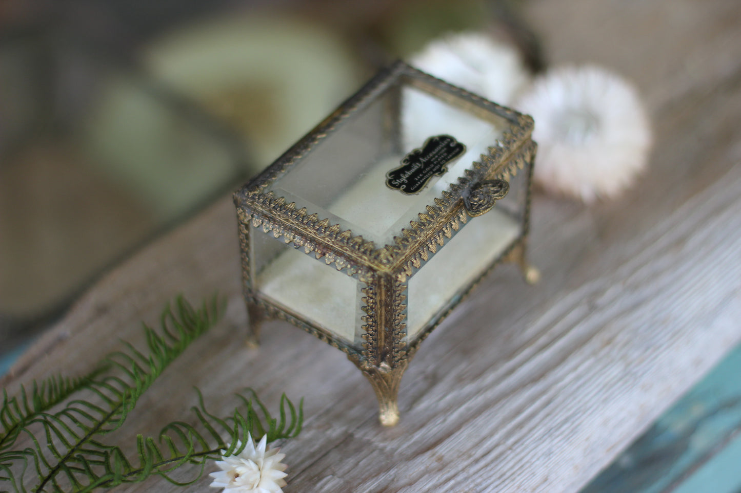 Vintage Small Ormolu Beveled Glass Jewelry Box