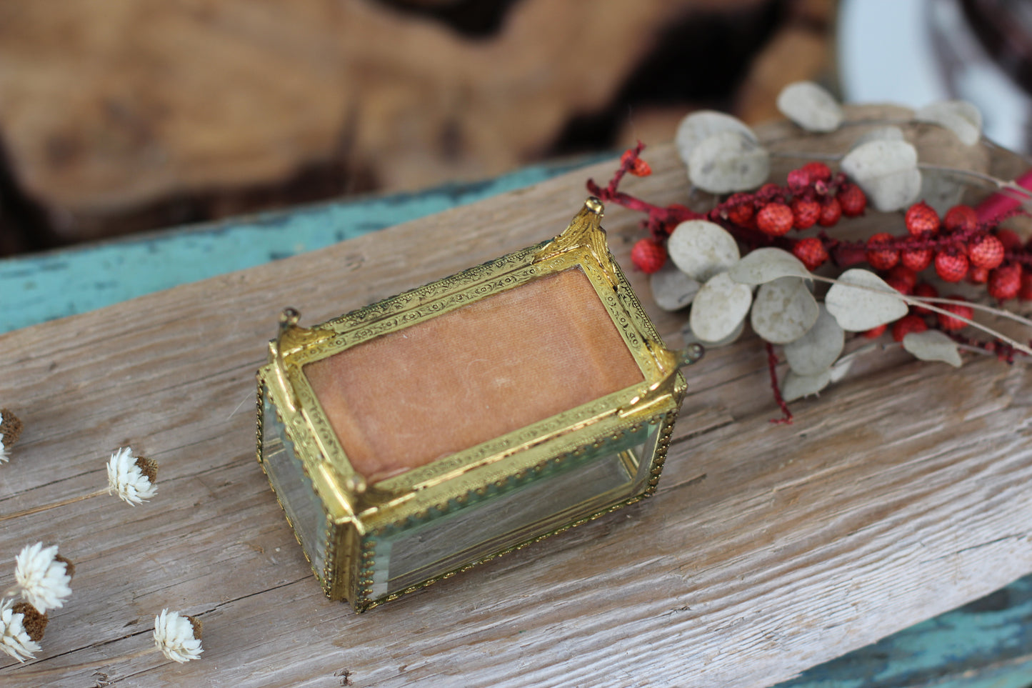 Vintage Peach Velvet Interior Stylebuilt Glass Jewelry Box