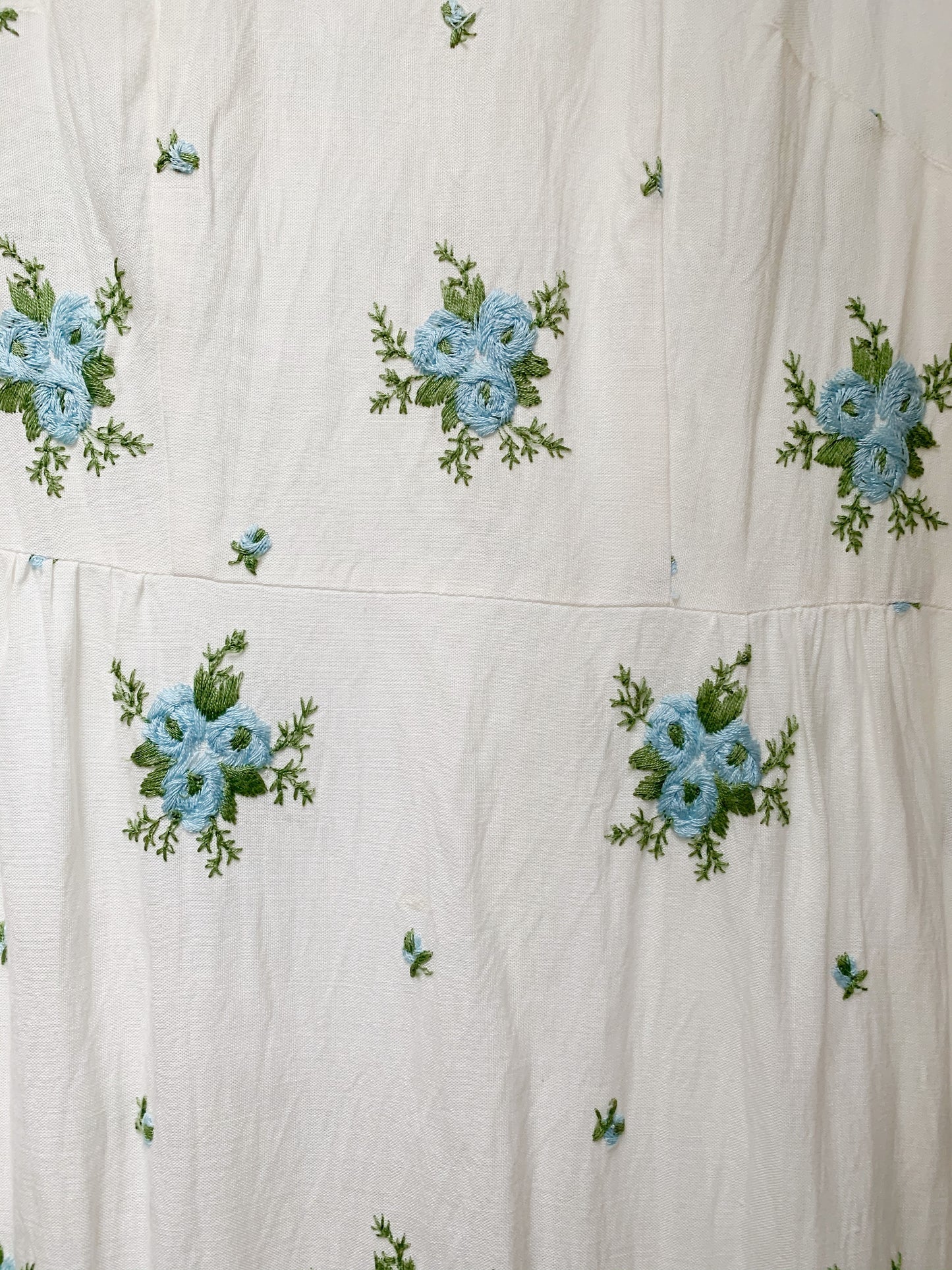 Vintage White Embroidered Blue Flowers Dress