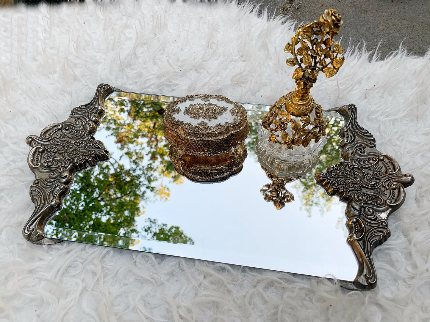 Antique Ornate Silver Mirror Tray