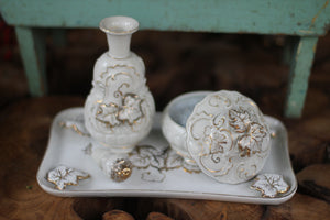 Antique Hand Painted Floral Ivy Porcelain Vanity Set