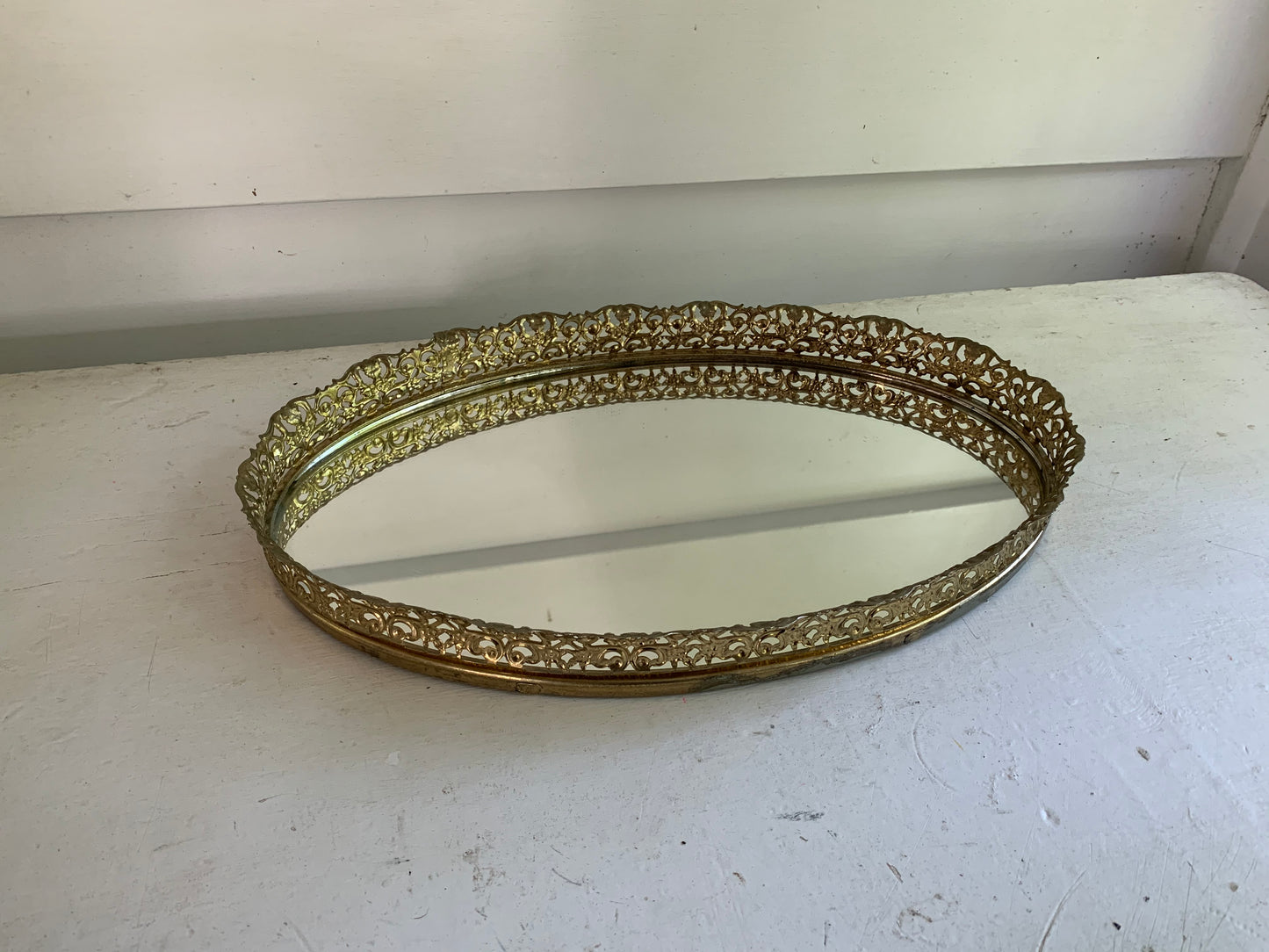 Antique Oval Filigree Lace Mirror Tray