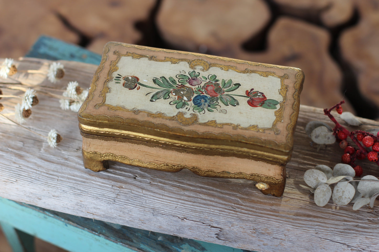 Vintage Florentine Hand Painted Floral Wood Jewelry Box