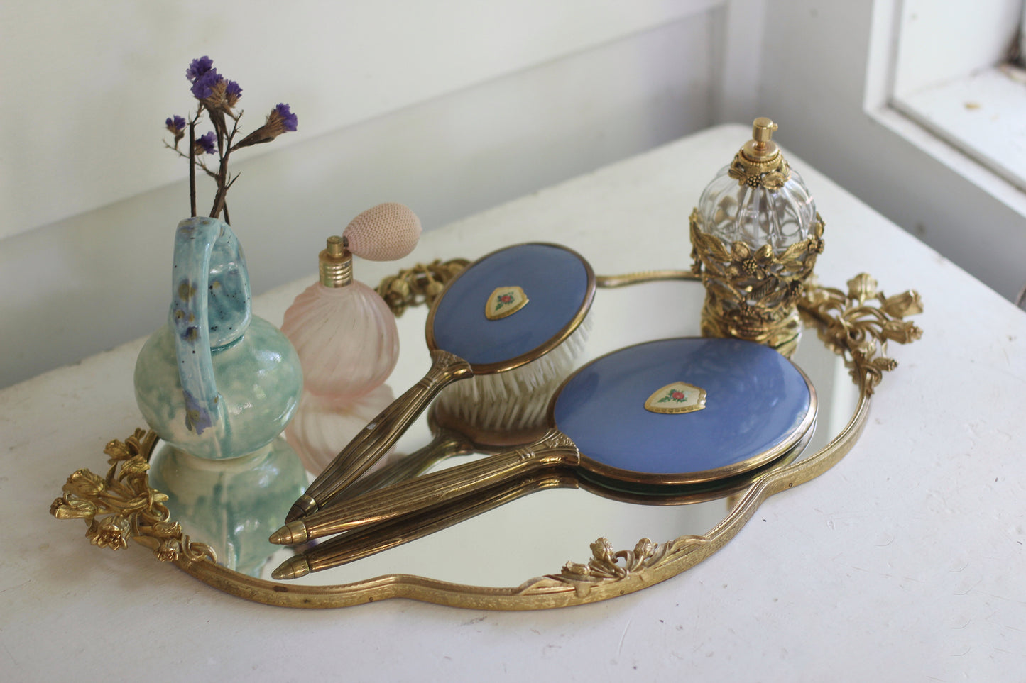Antique Rosebud Blue Vanity Set