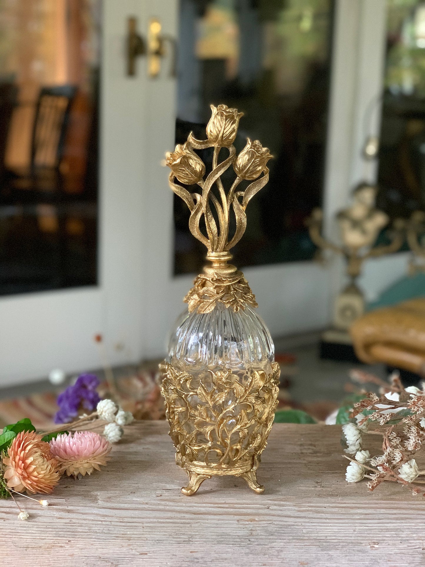 Antique Gold Tulip Floral Perfume Bottle