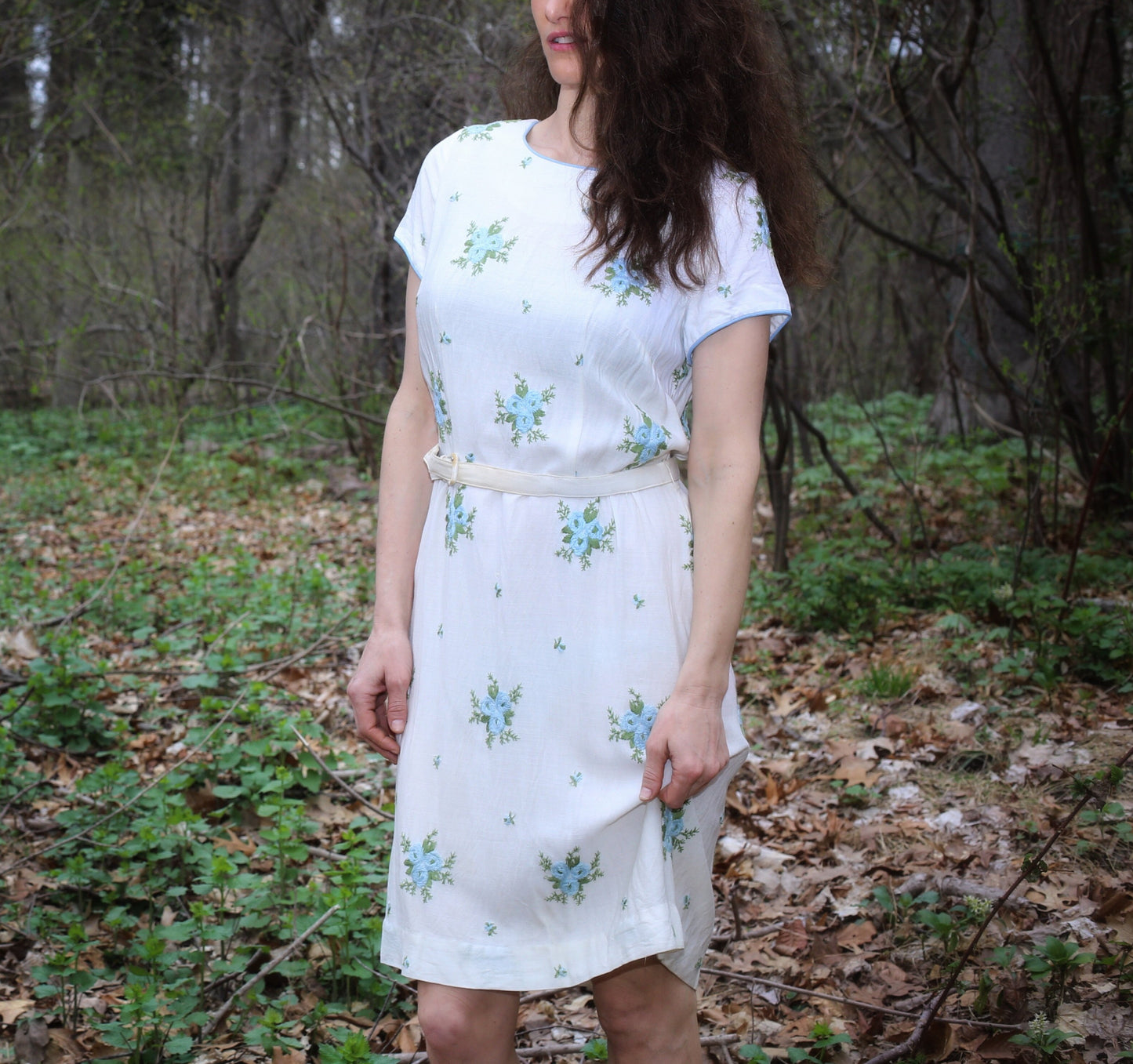 Vintage White Embroidered Blue Flowers Dress
