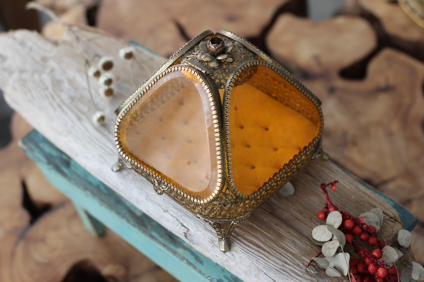 Antique Rare Floral French Victorian Amber Glass Jewelry Box