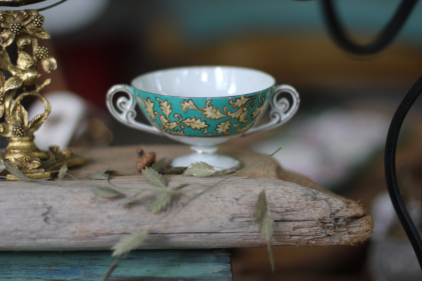 Vintage Turquoise Leaves Porcelain Cup