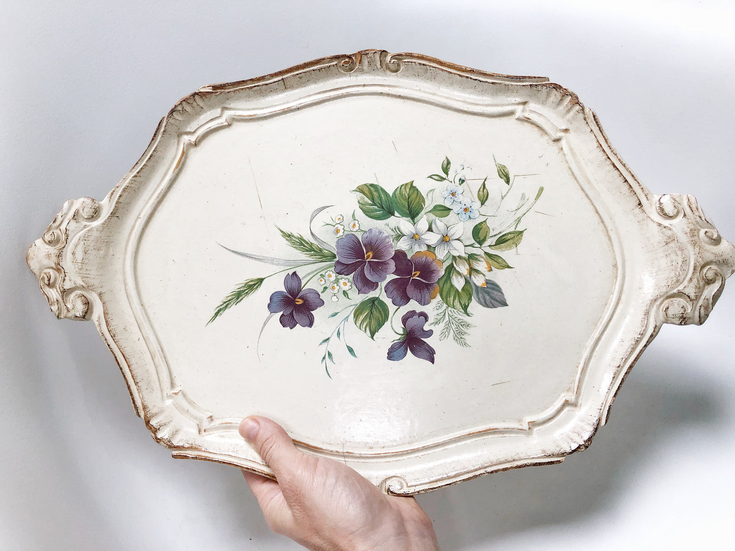 Vintage Florentine Wood White Floral Tray