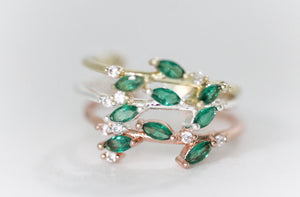 Enchanted Forest Green Crystals Leaves Ring