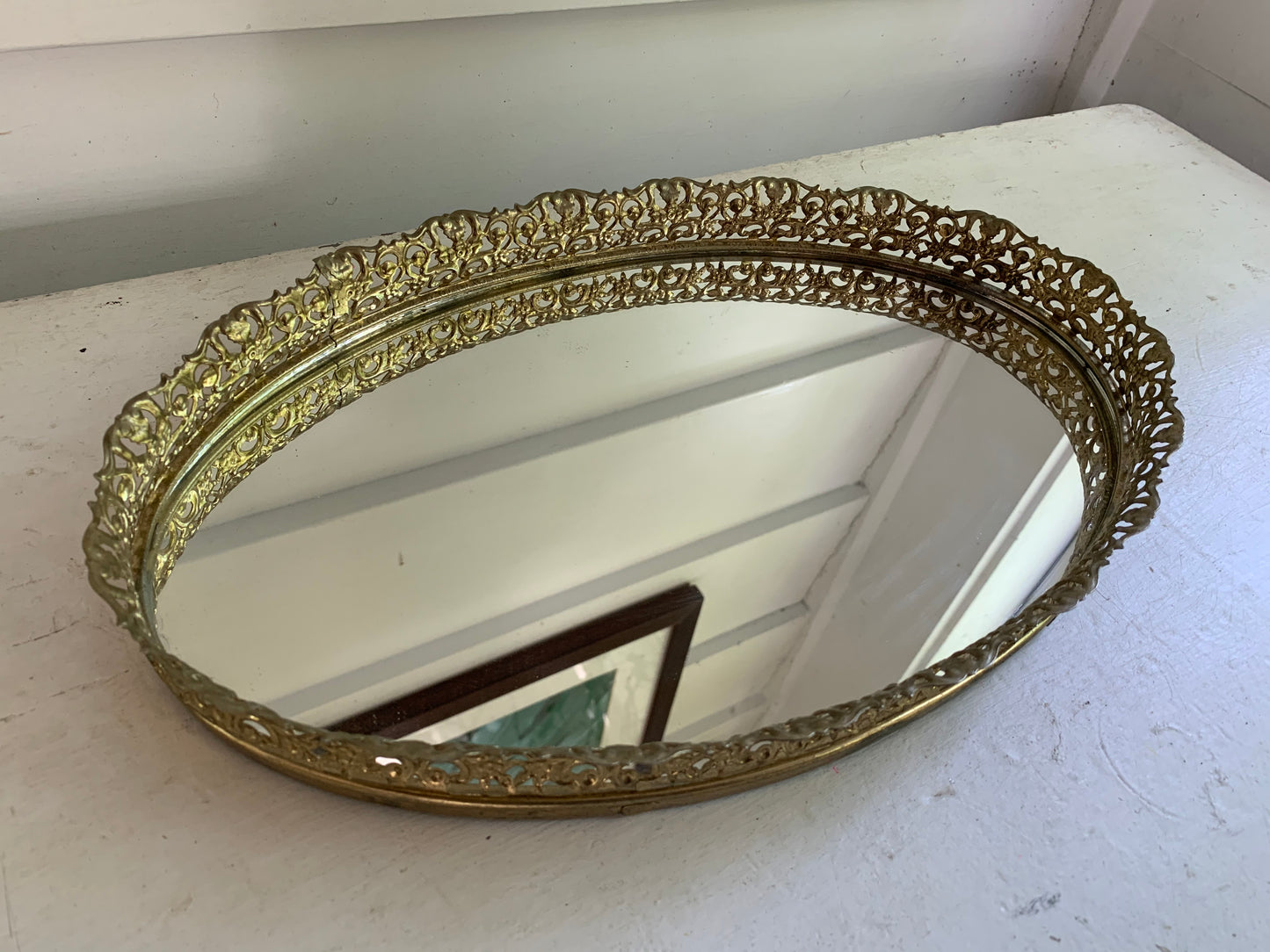 Antique Oval Filigree Lace Mirror Tray
