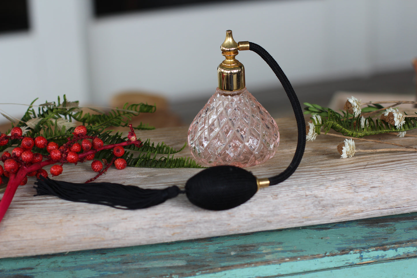 Antique Pink Black Bulb Automizer Perfume Bottle