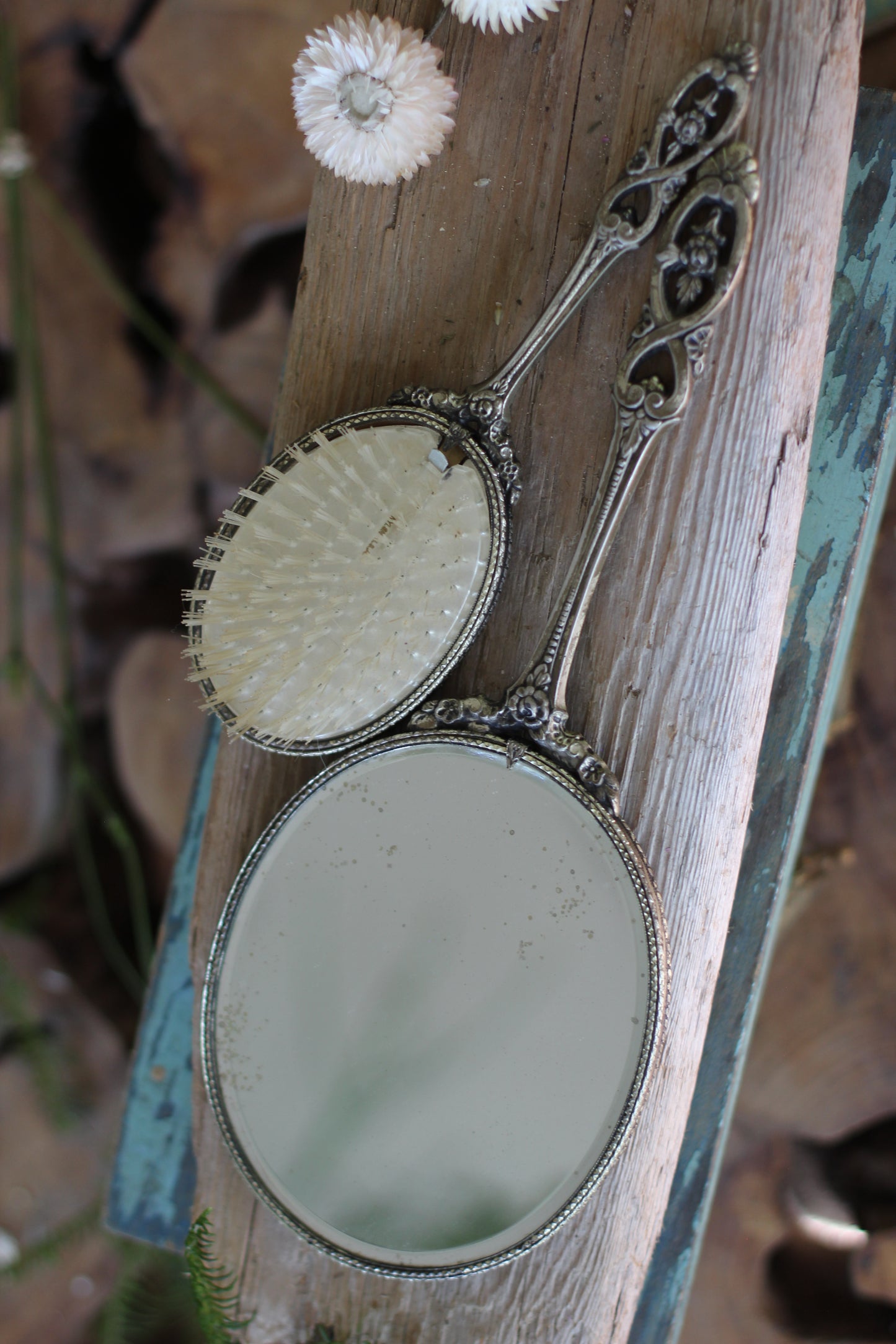 Antique Raised Flower Bouquet Silver Vanity Set