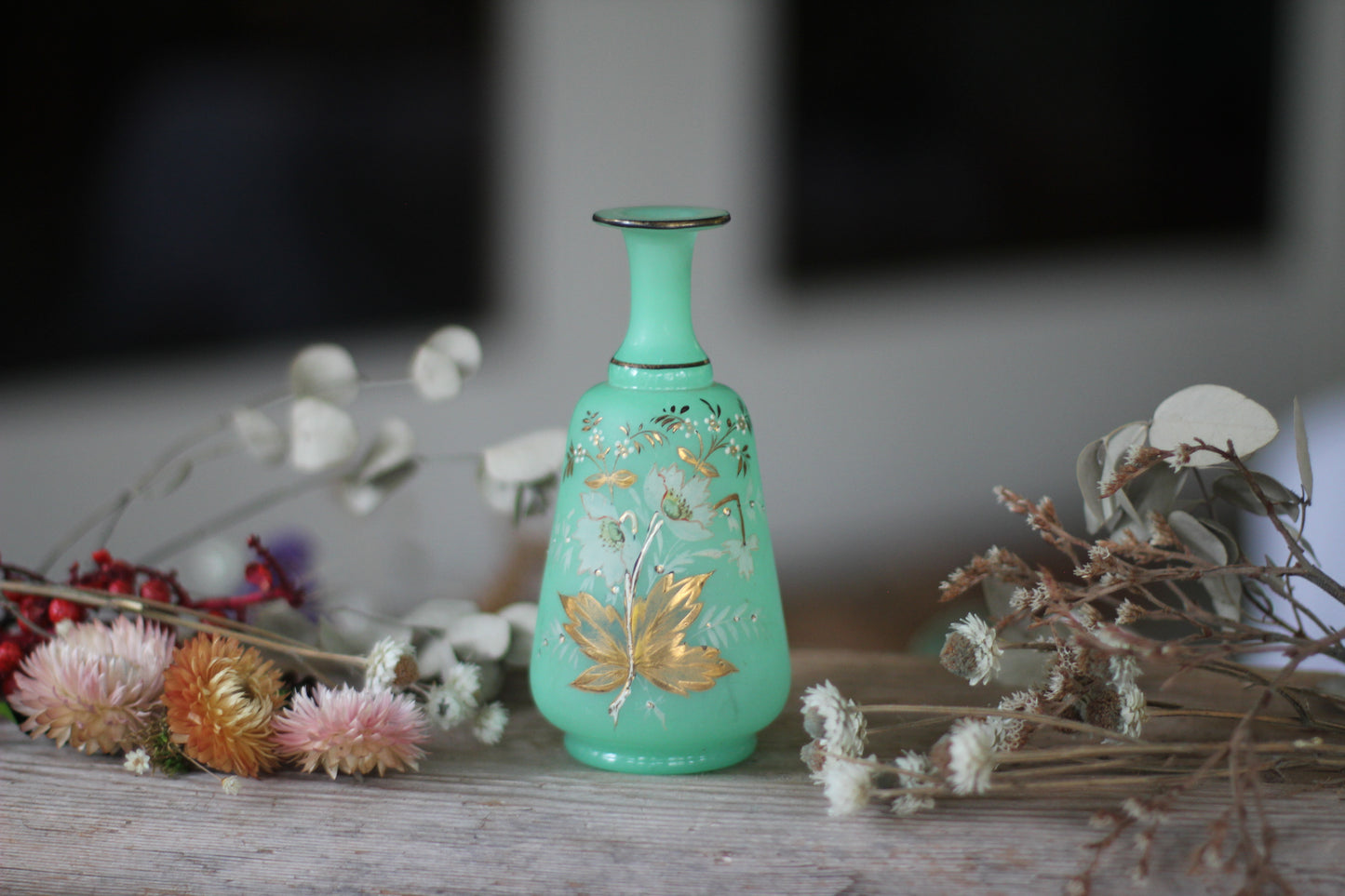 Vintage Mint Green Hand Painted Floral Vase