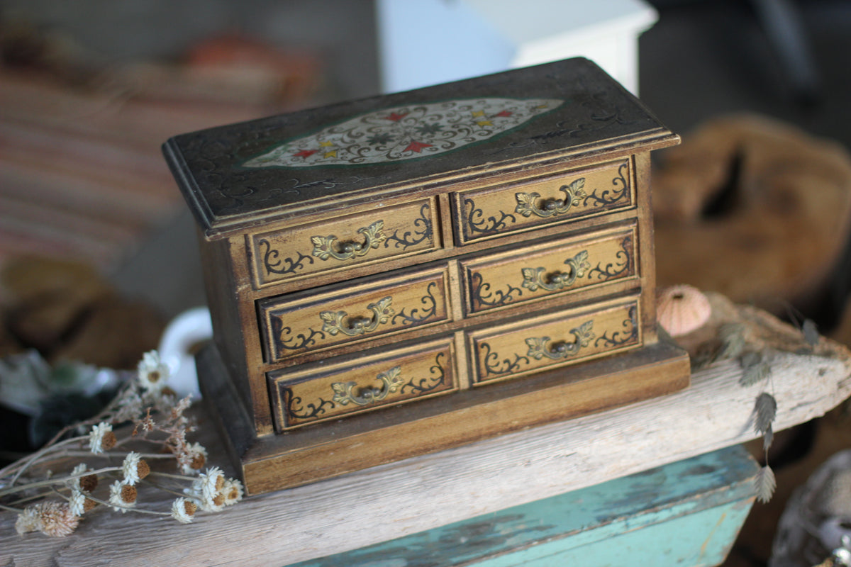 Vintage Florentine Jewelry Box, Gold and White, Wooden