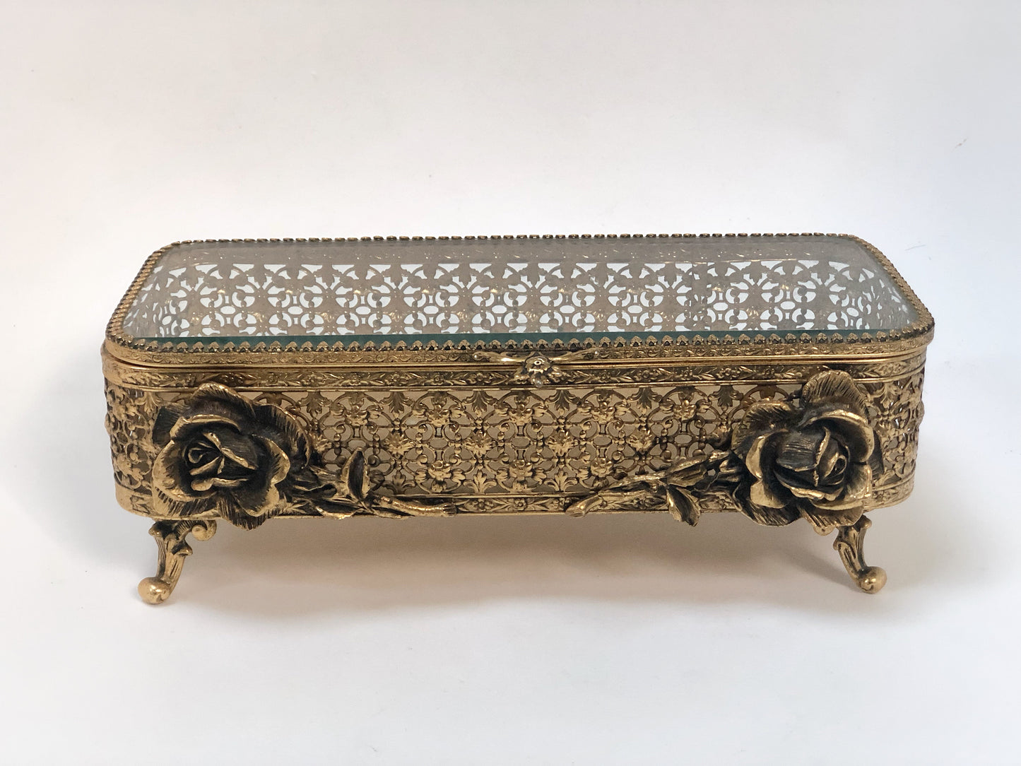 Antique Large Floral Beveled Glass Jewelry Box