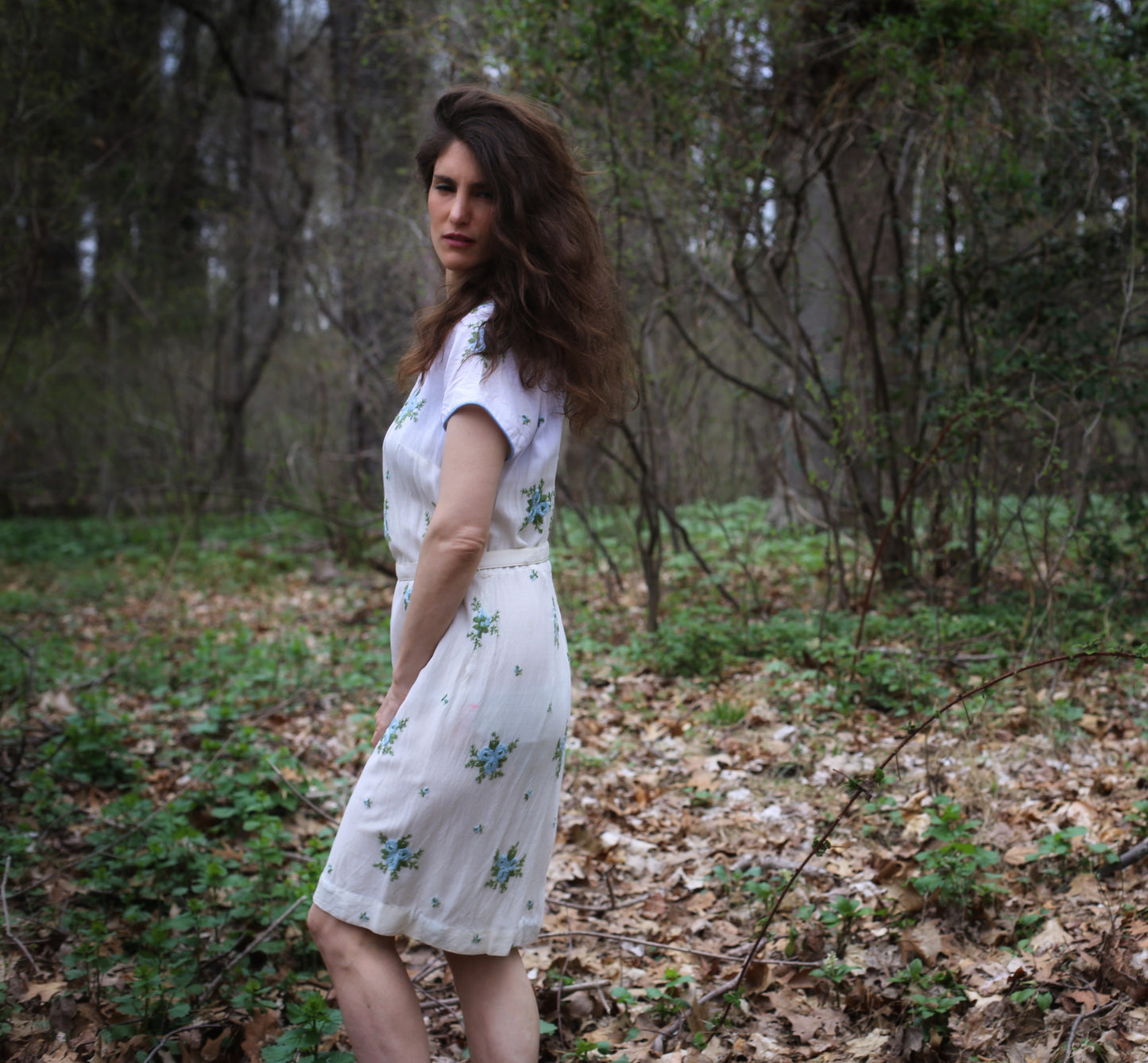 Vintage White Embroidered Blue Flowers Dress