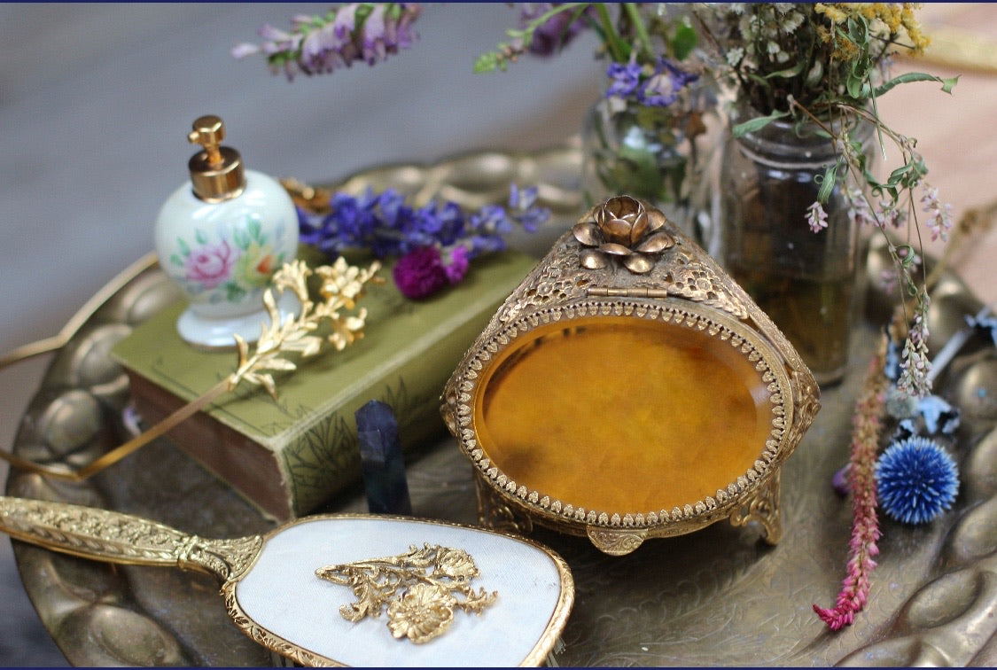 Antique Rare Floral French Victorian Amber Glass Jewelry Box