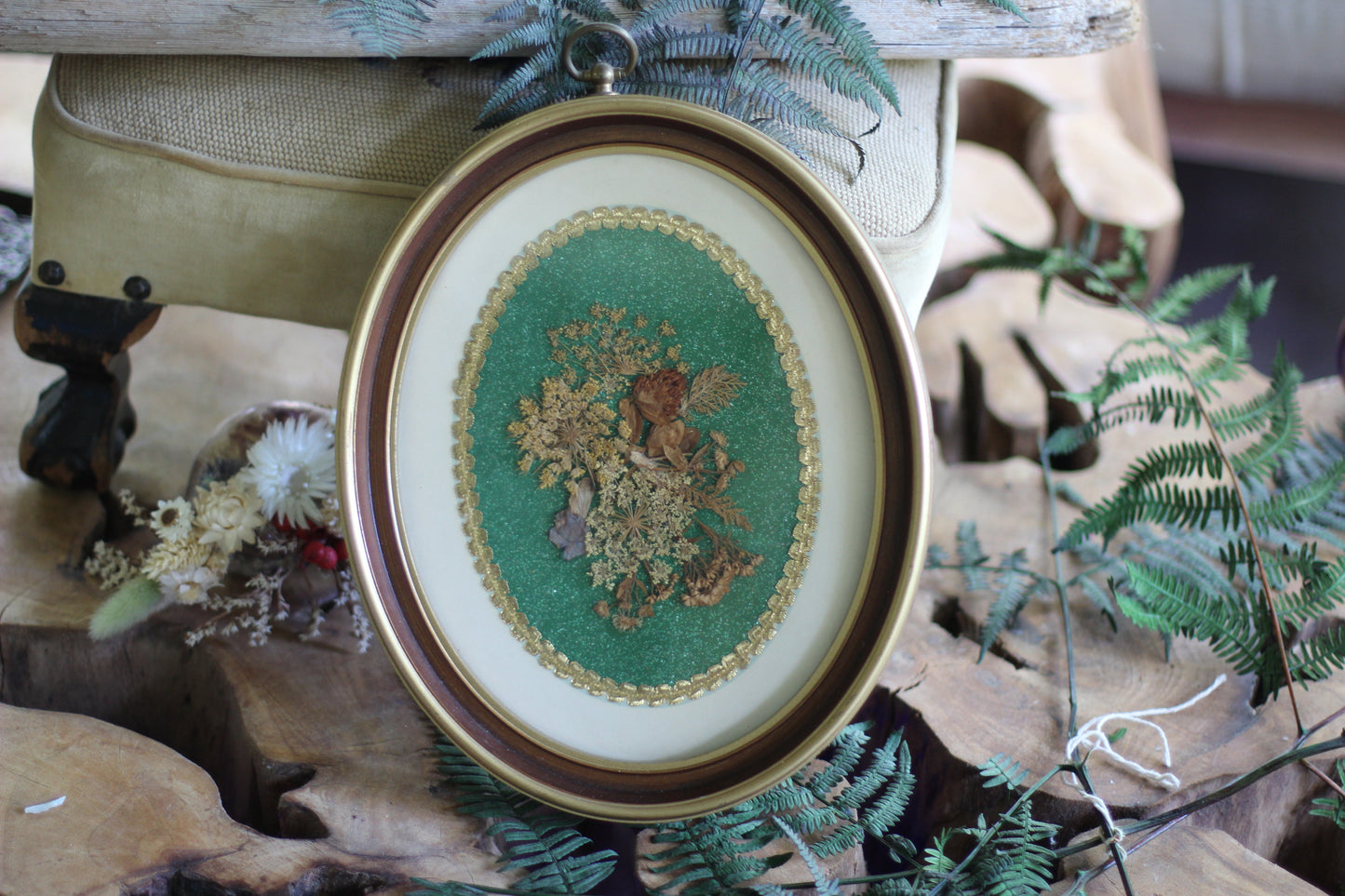 Vintage Oval Pressed Flowers Framed Collage