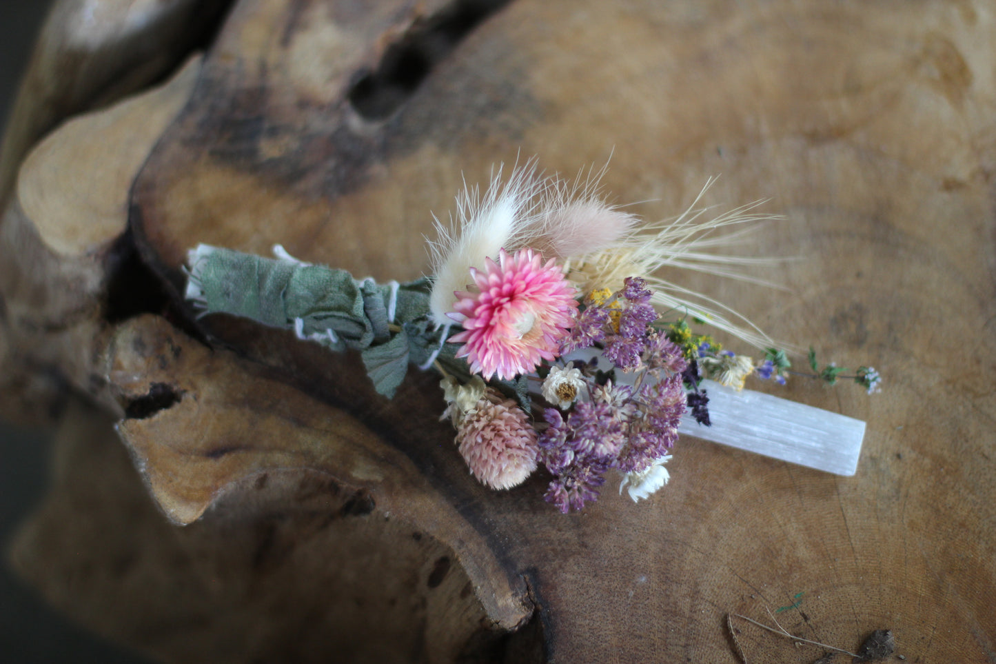 Dried Flowers, Herbs & Selenite Smudge Wand