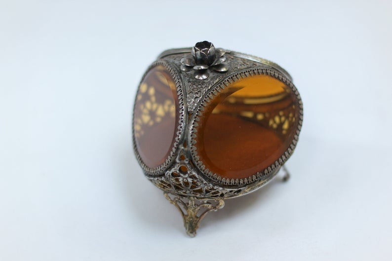 Antique Rare Floral French Victorian Amber Glass Jewelry Box