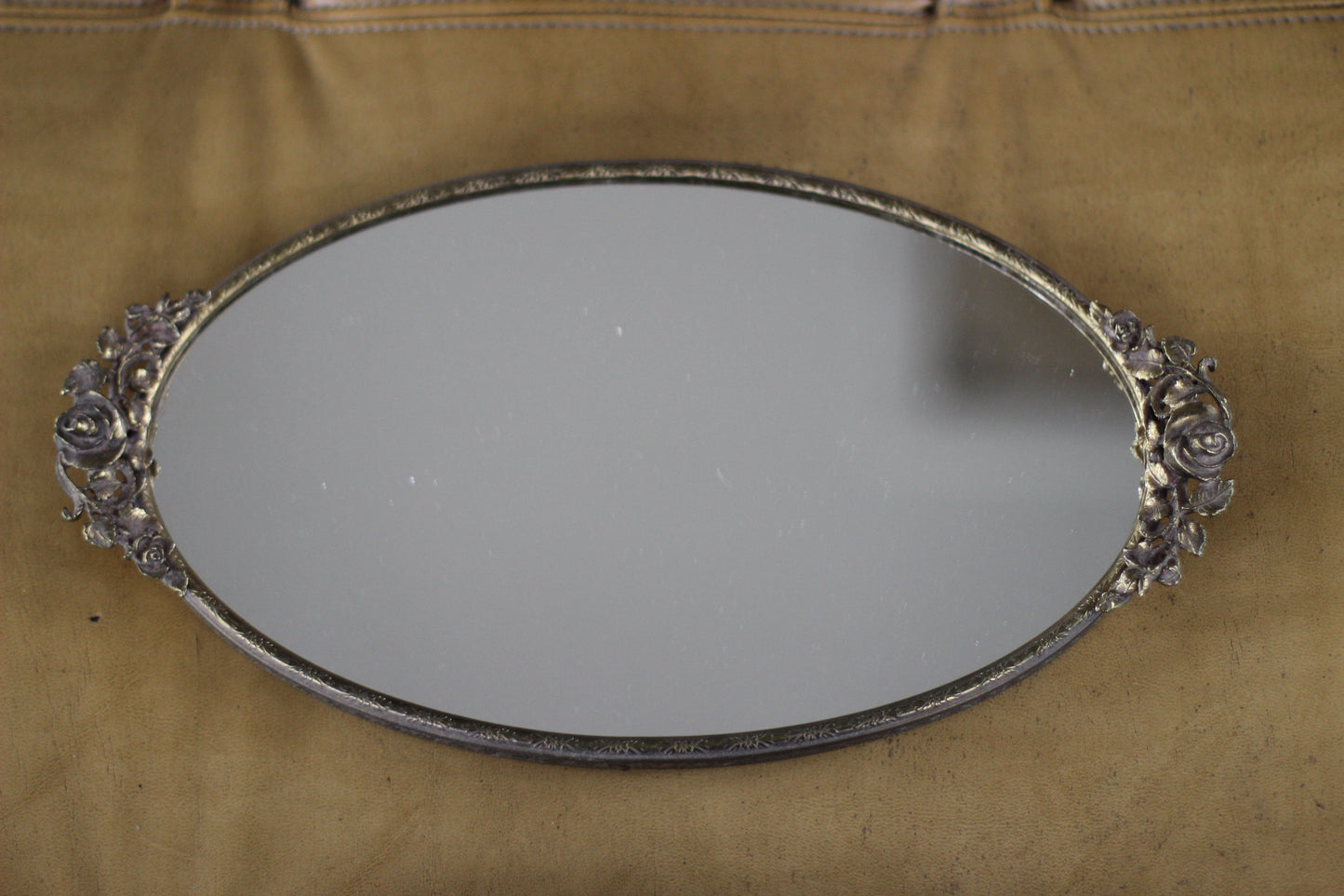 Antique Small Roses Bronze Filigree Mirror Tray