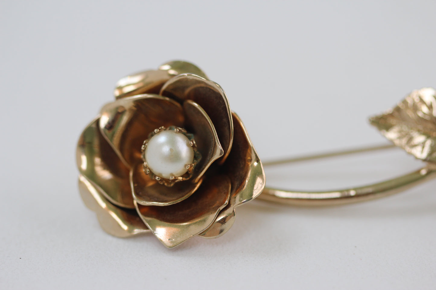 Large Rose with Stems and Pearl Brooch