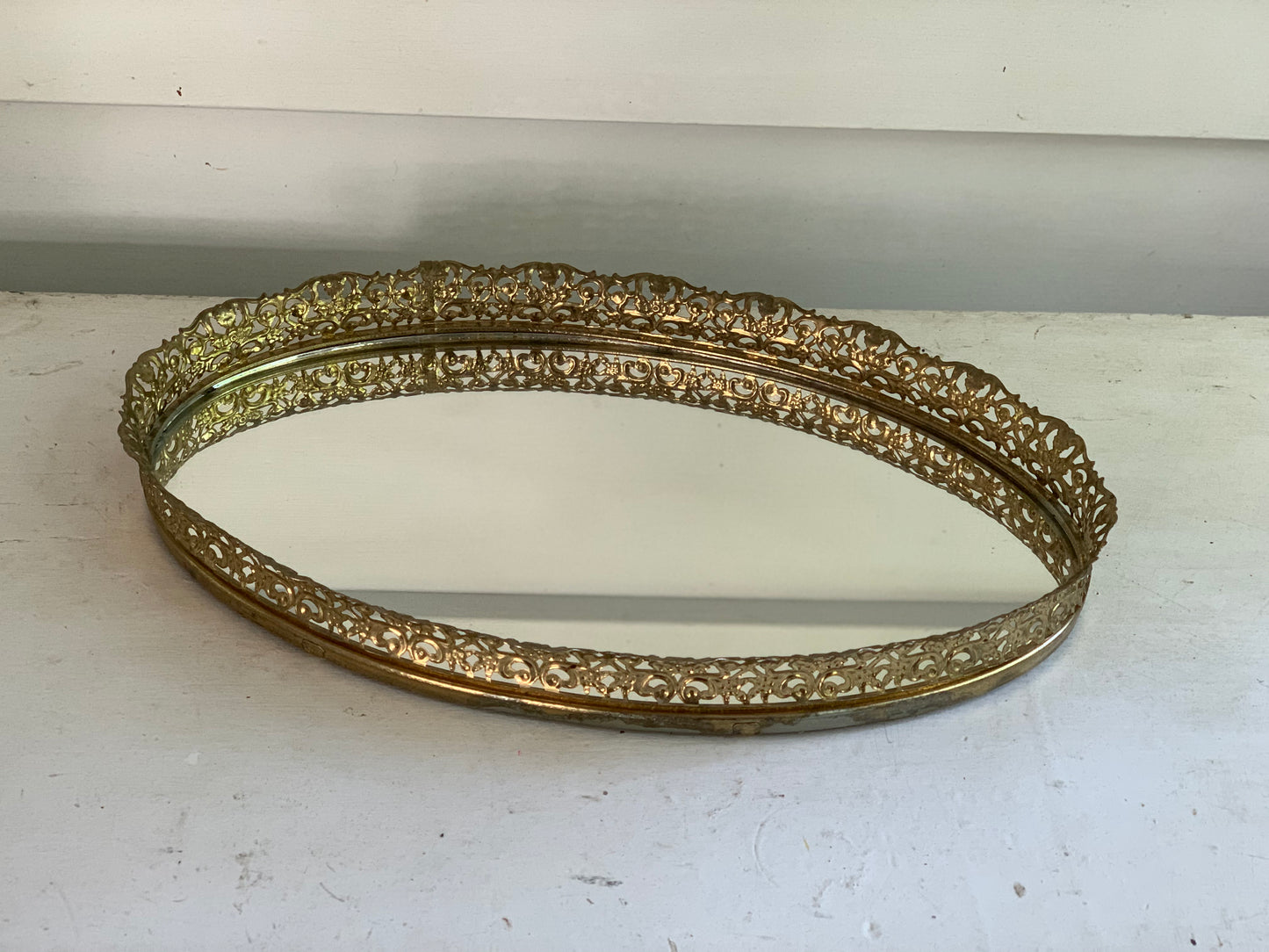 Antique Oval Filigree Lace Mirror Tray