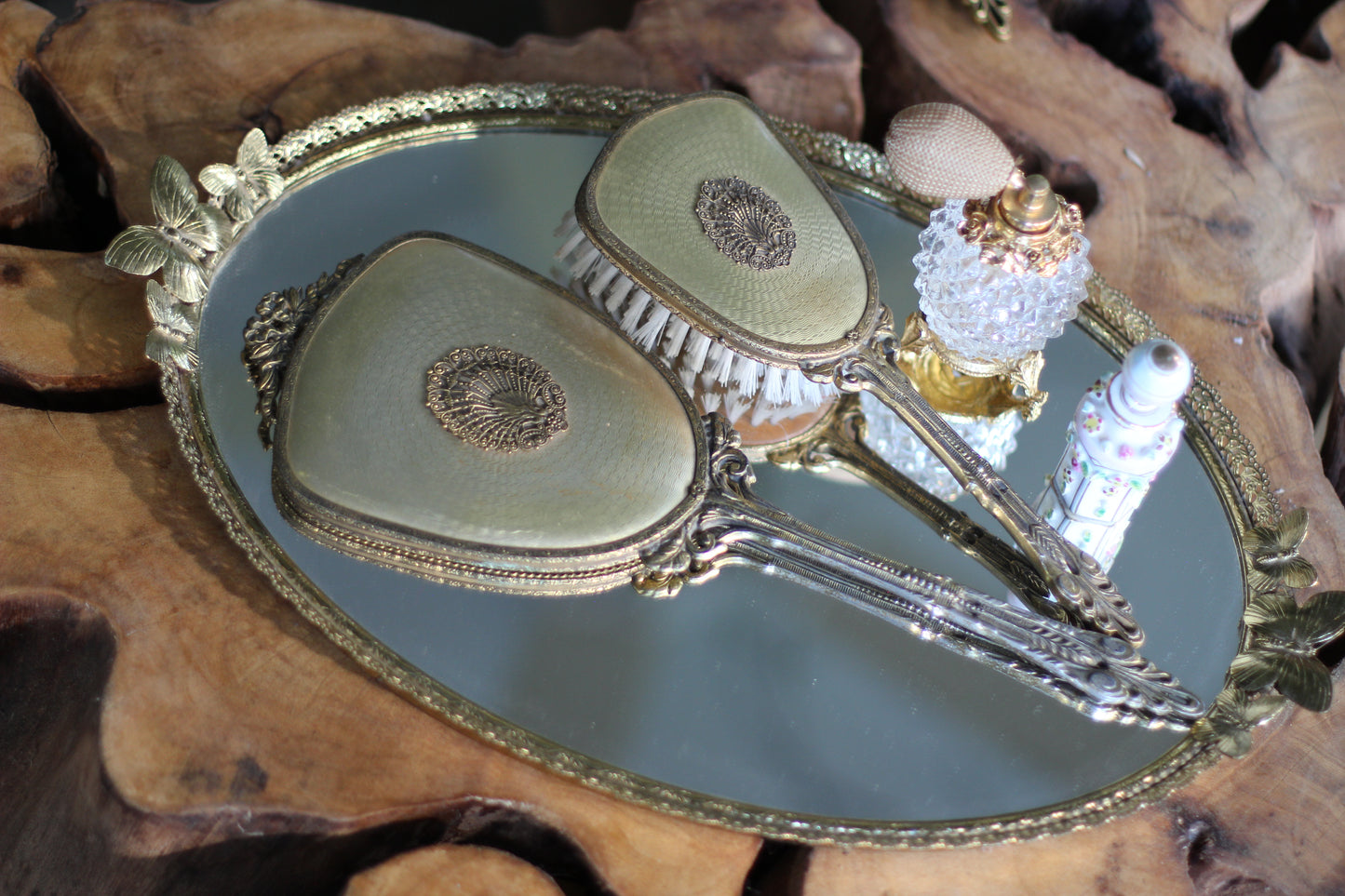 Antique Rare Butterfly Mirror Tray