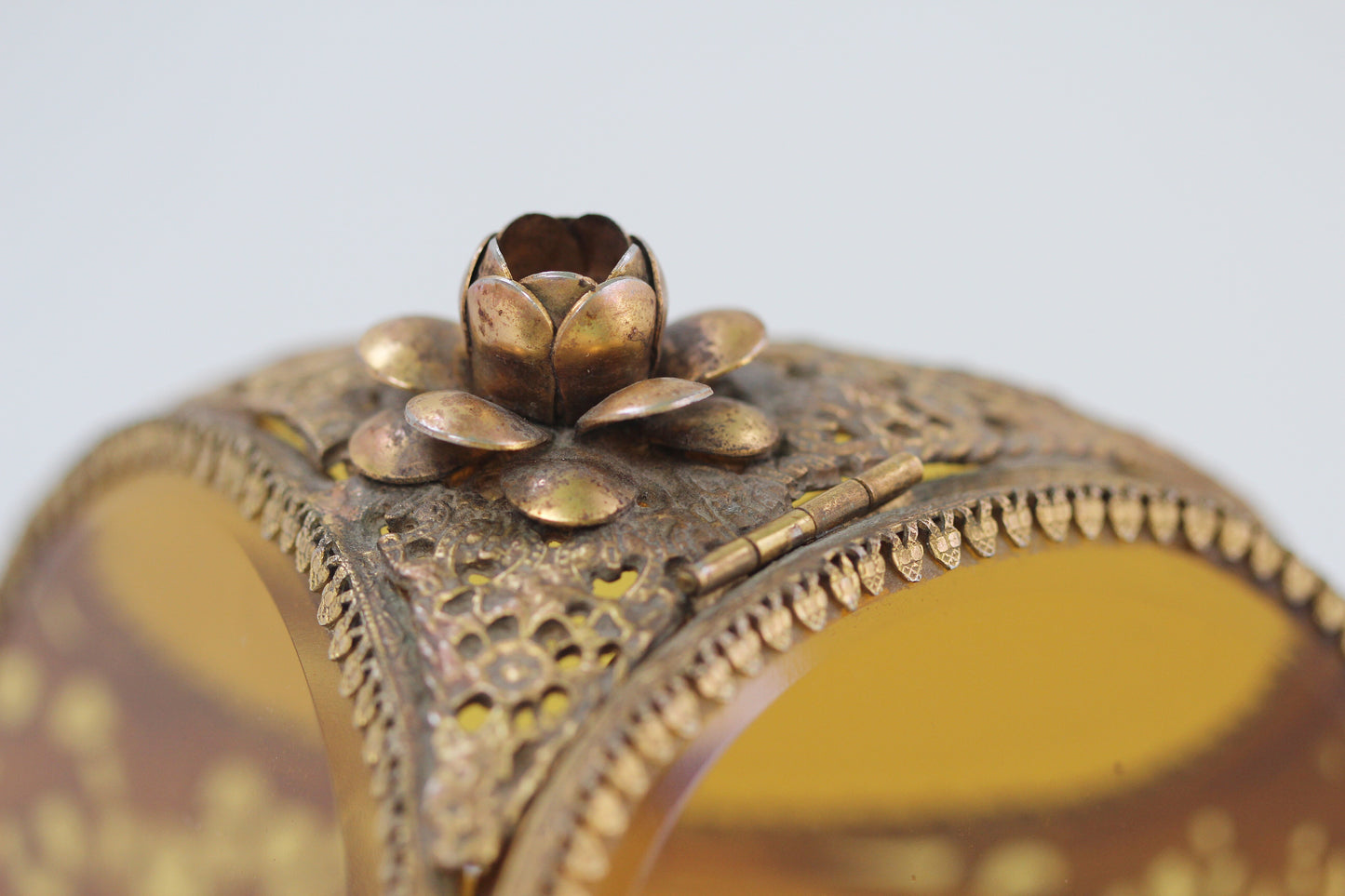 Antique Rare Floral French Victorian Amber Glass Jewelry Box