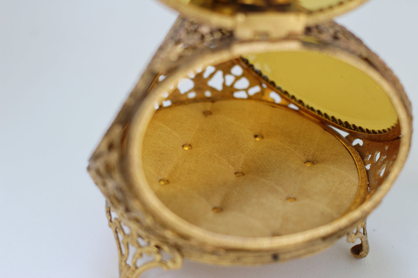 Antique Rare Floral French Victorian Amber Glass Jewelry Box