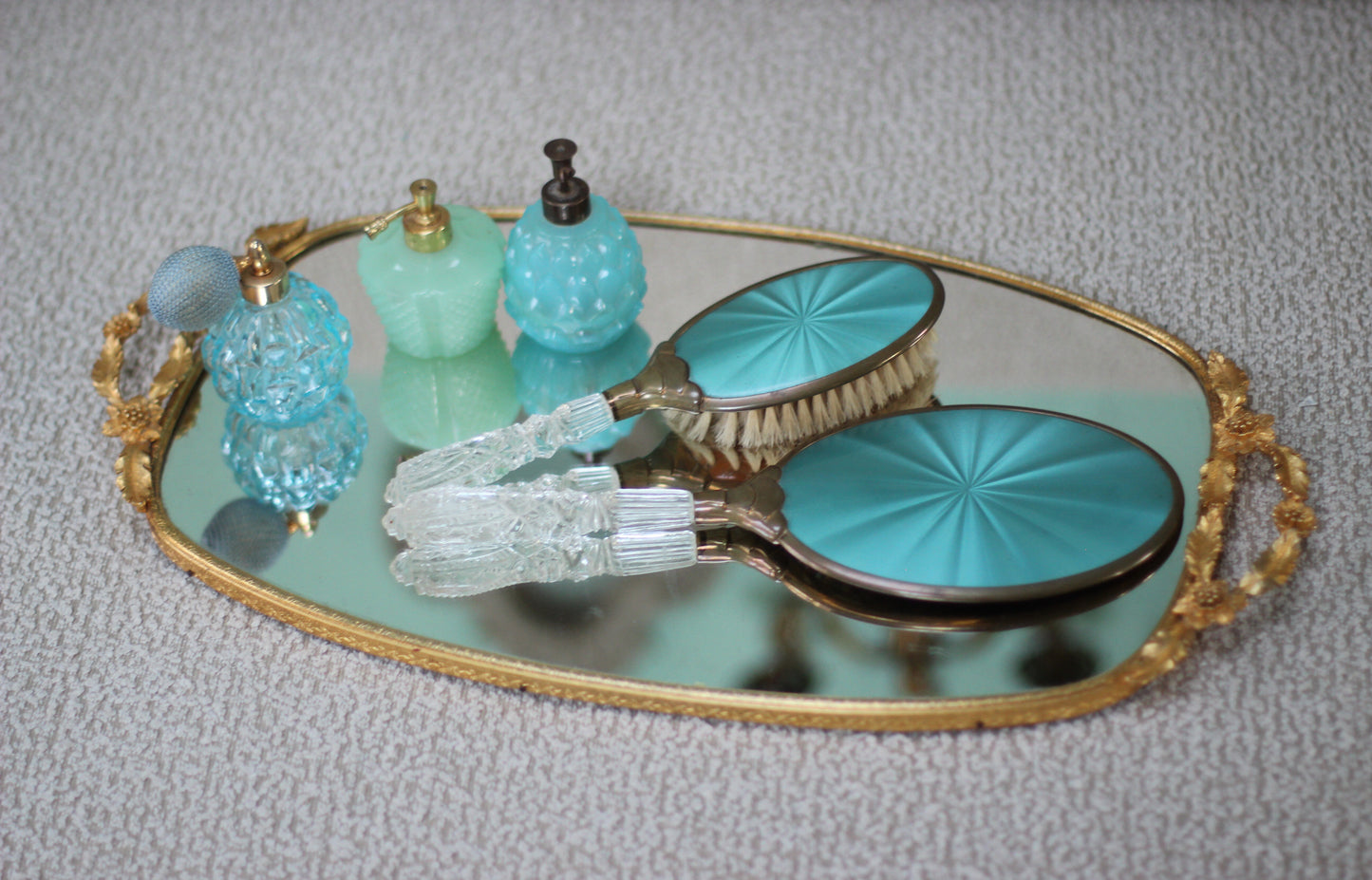 Vintage Teal Art Deco Vanity Set