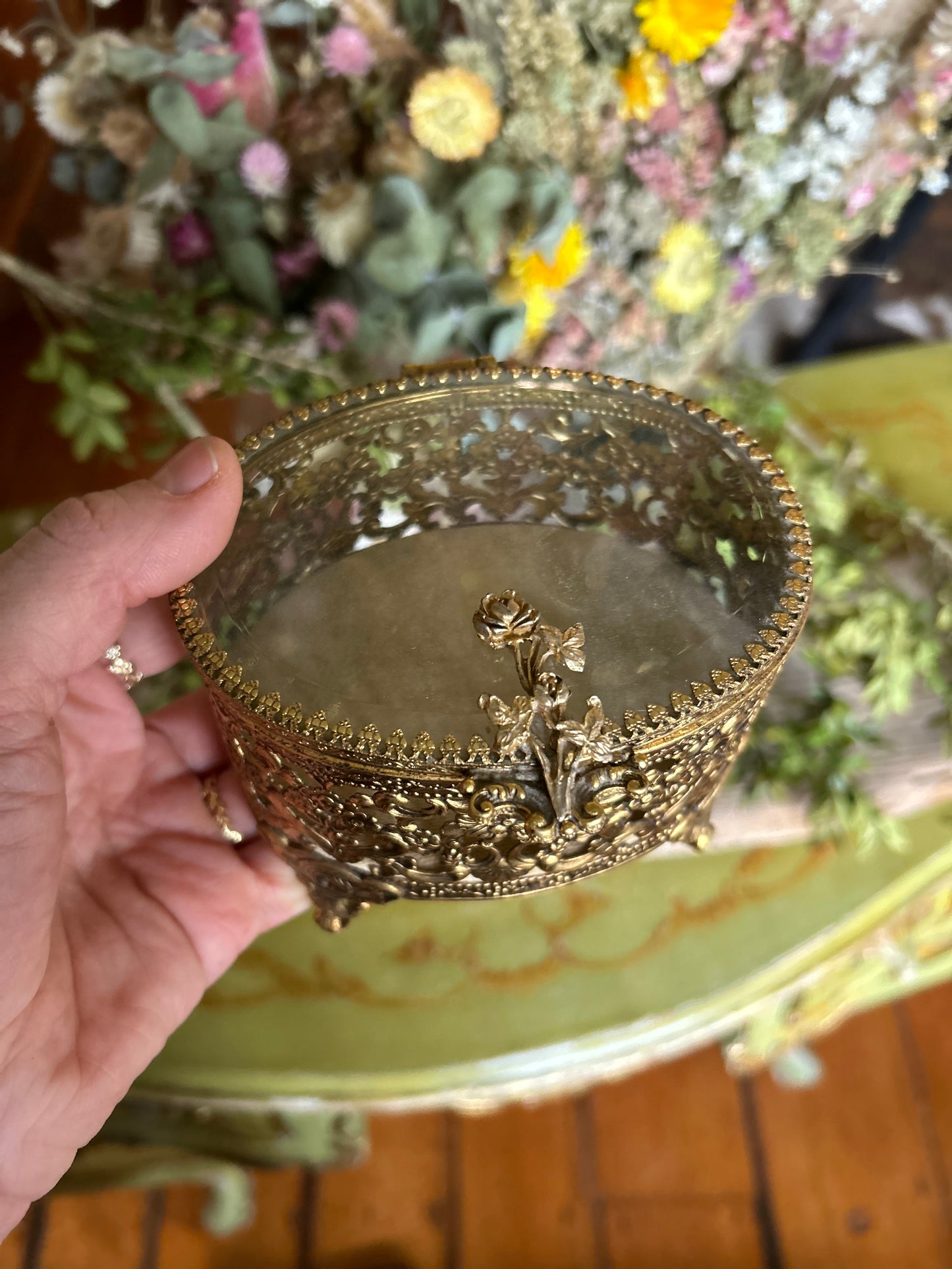 Vintage Rose Ormolu Beveled Glass Filigree Jewelry Box