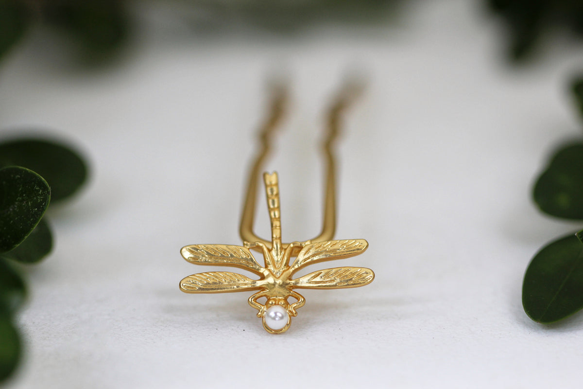 14k Gold Plated Copper Handcrafted Dragonfly Tassel Hair Stick Hair Clip Green Dragonfly Tassel Hair Claw Clip - Rhinestone Design  main image 3