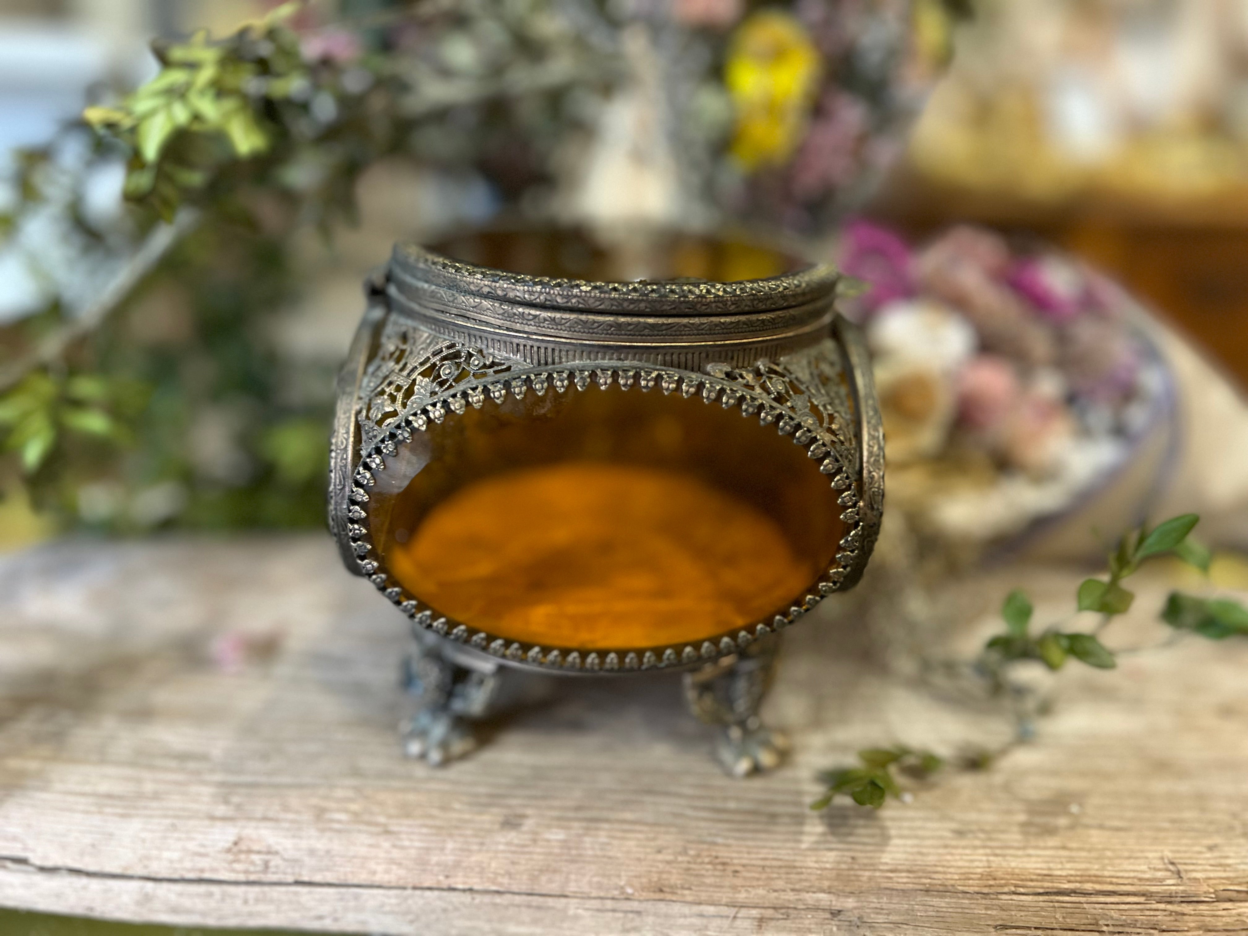 Amber Glass Filigree Jewelry Casket Box