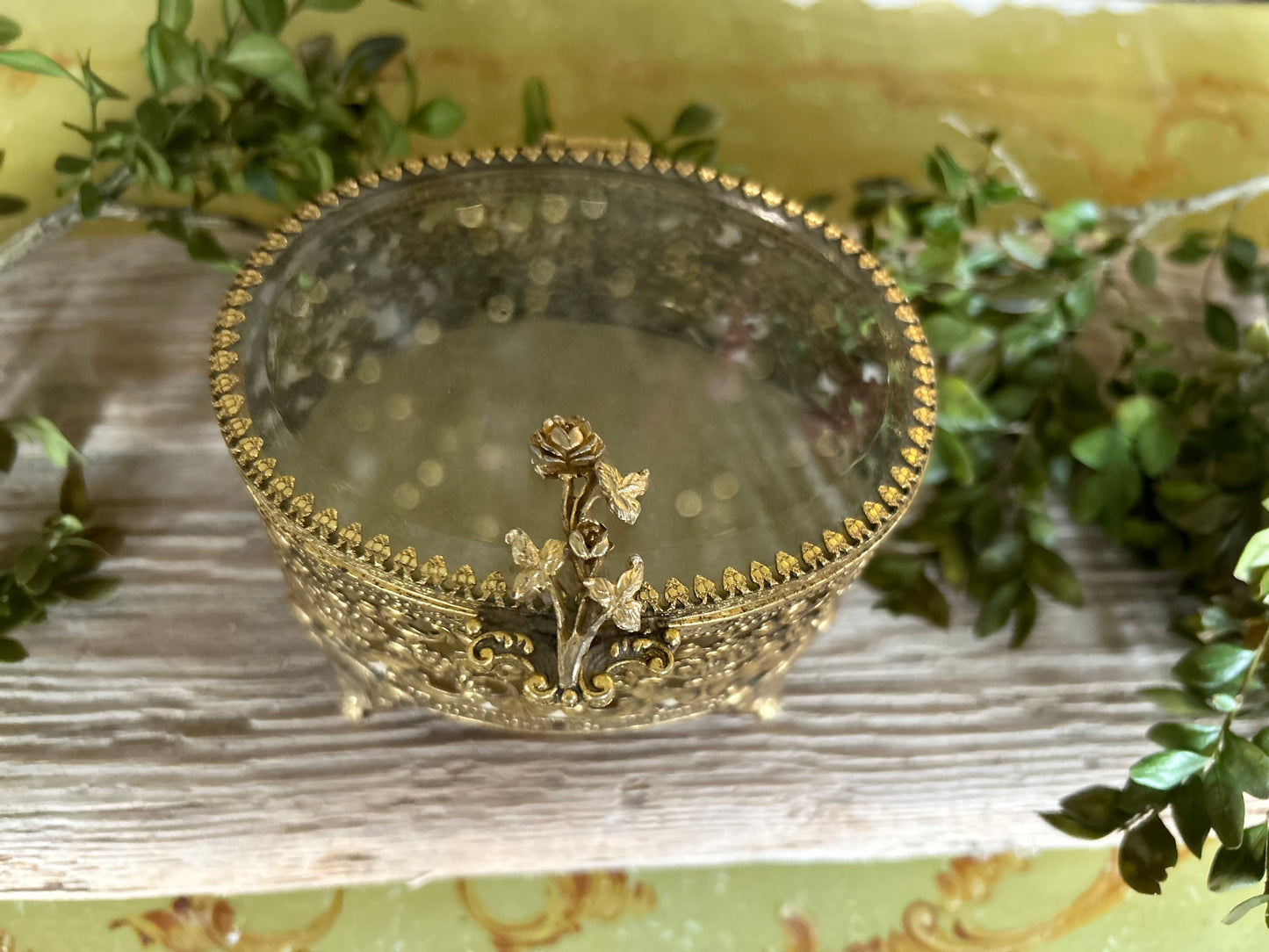 Vintage Rose Ormolu Beveled Glass Filigree Jewelry Box