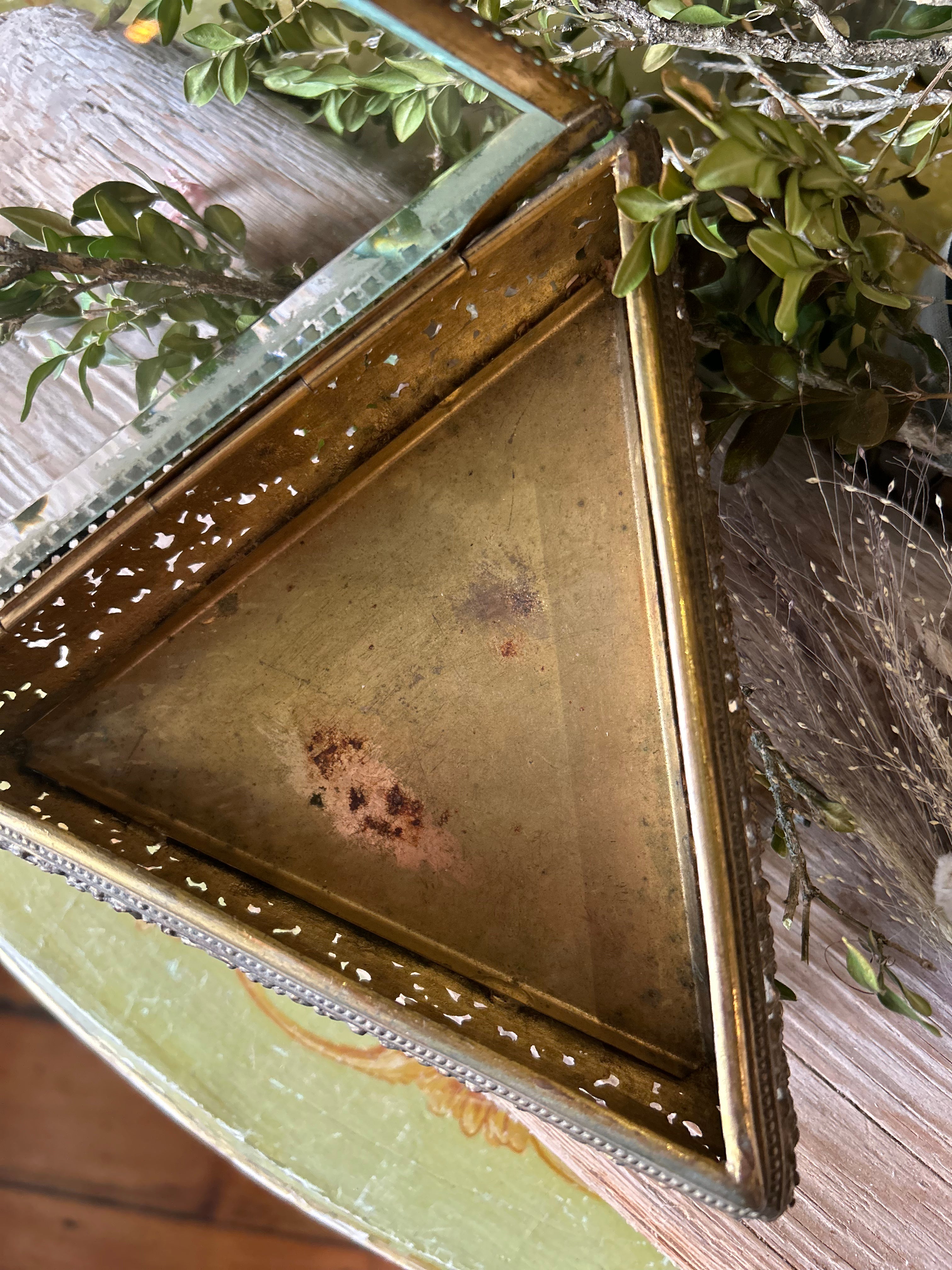 Antique Triangle Beveled Glass Rare Jewelry Box