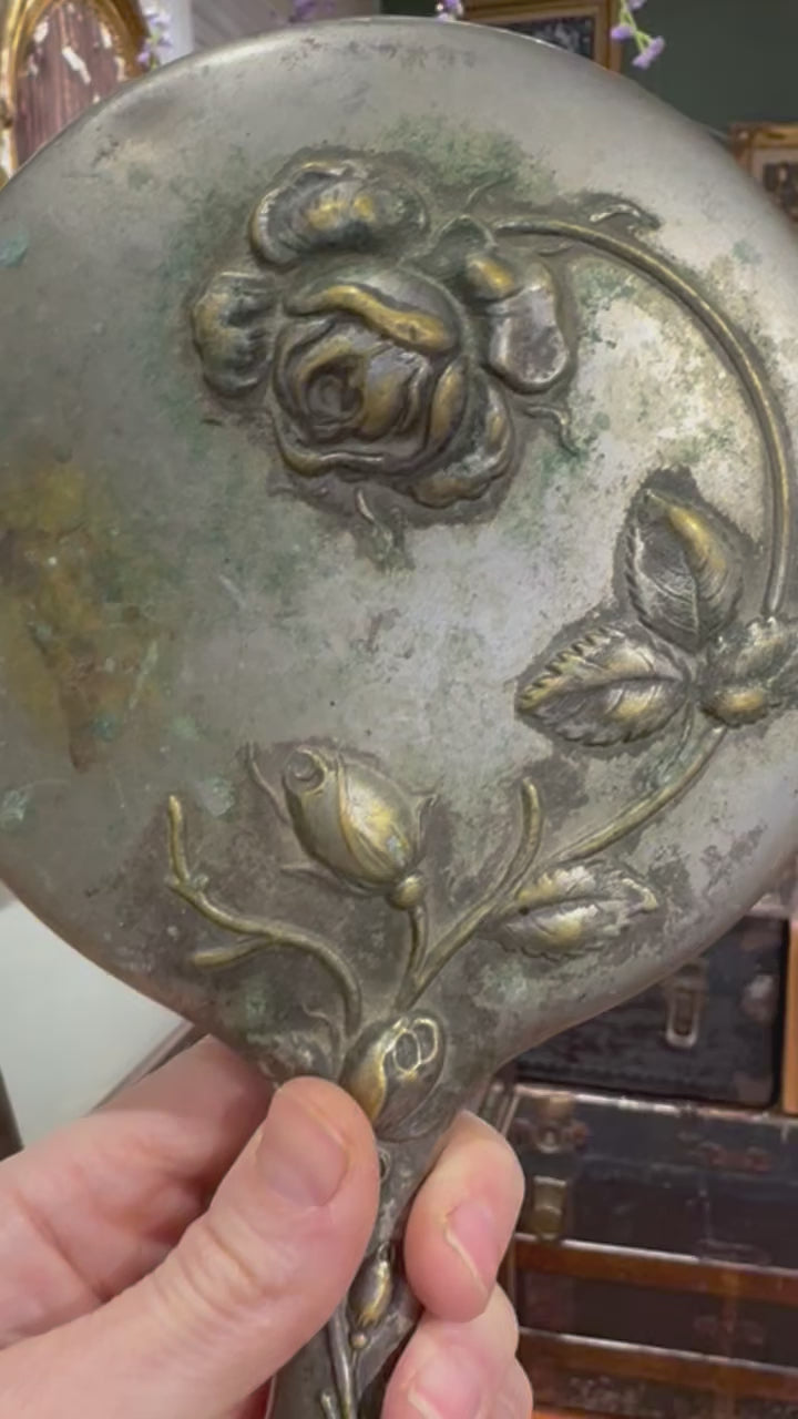 Antique Silver Roses Hand Mirror