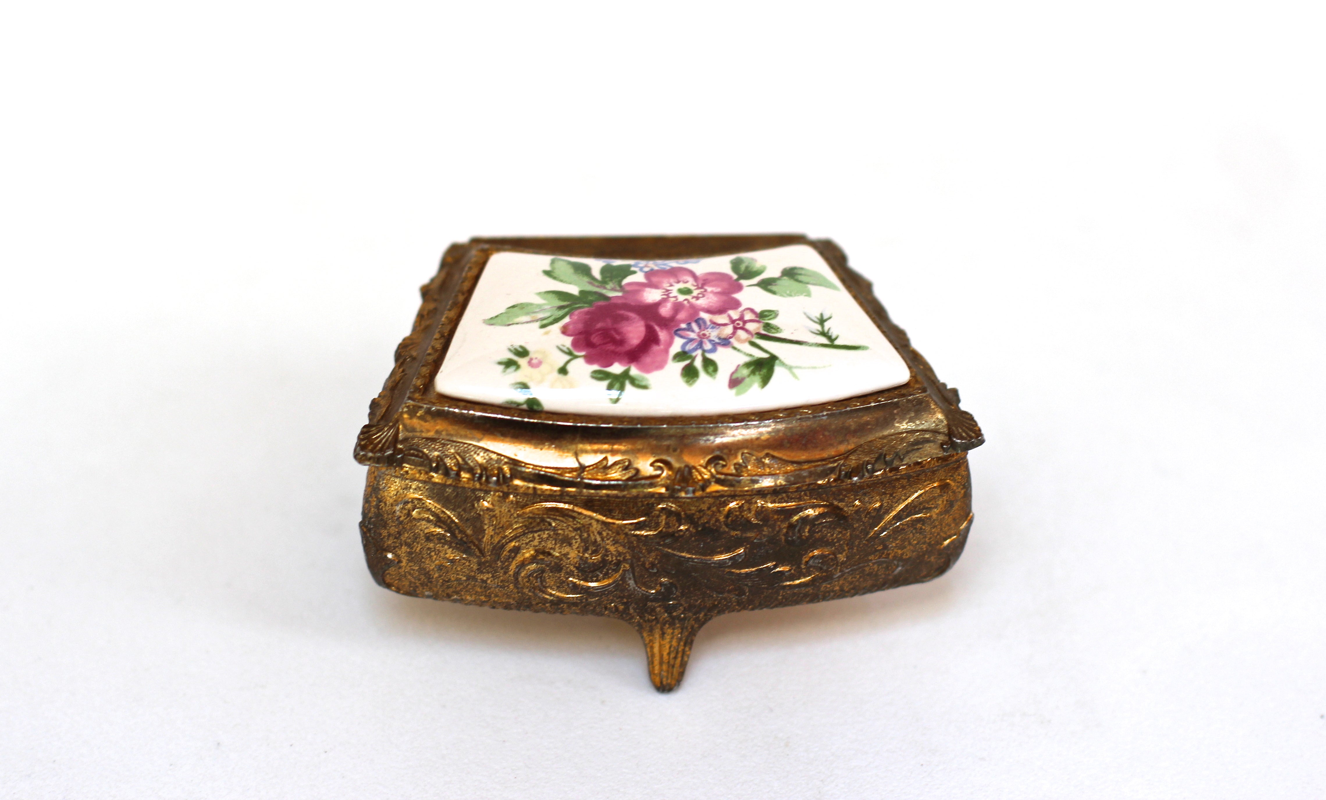 Antique Brass Flowers Jewellery Box