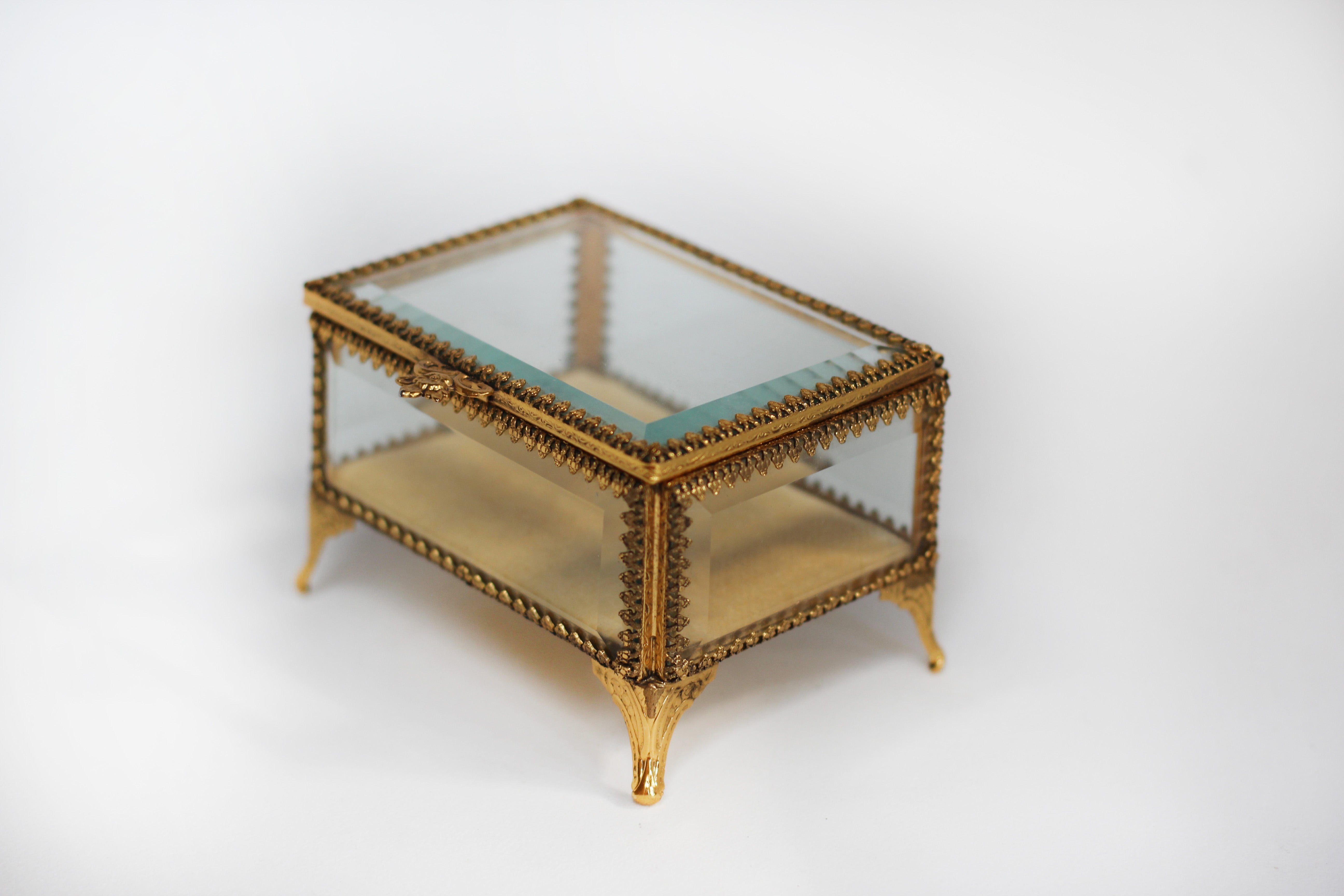 Vintage Small Ormolu Beveled Glass Jewelry Box