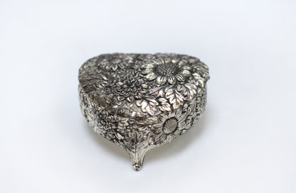 Silver Antique Jewelry Box Heart Sunflowers Red Velvet #102