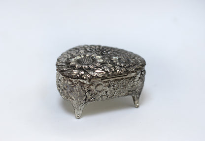 Silver Antique Jewelry Box Heart Sunflowers Red Velvet #102