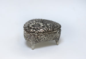 Silver Antique Jewelry Box Heart Sunflowers Red Velvet #102